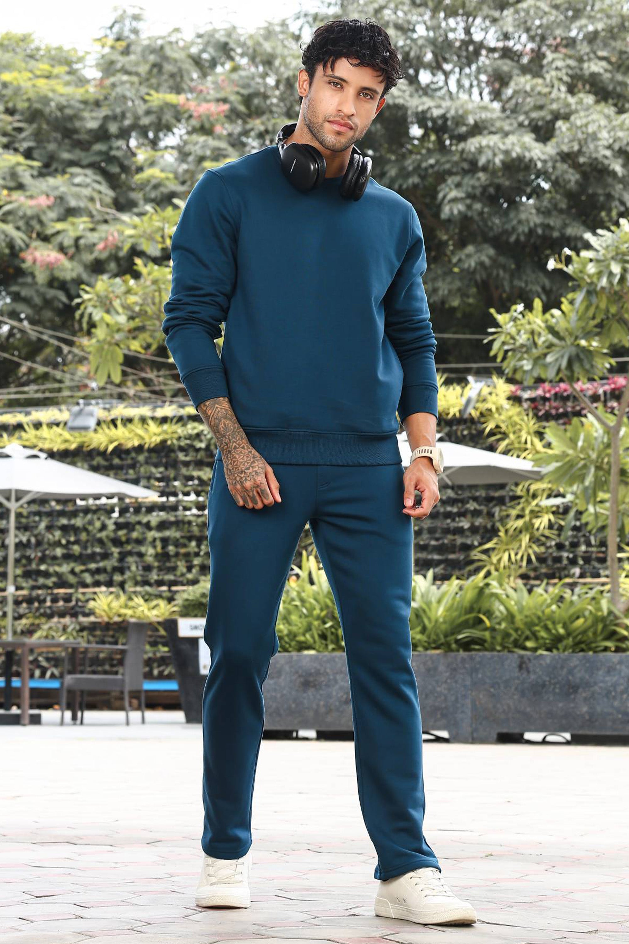 Men’s Solid Tracksuit Set | Round Neck Long Sleeve Top & Slip-On Joggers | Cotton Blend | Mid-Rise Flat Front | 5 Pockets | Casual Athleisure Wear