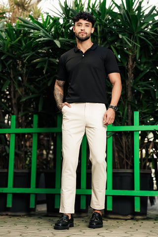 ONE SKY Men’s Cotton Spandex Trousers | Mid Rise Casual Pants with Button & Zip Closure | 4 Pockets | Solid Color | Machine Wash