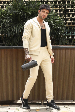 Men’s Solid Tracksuit Set | Cotton Blend Mock Collar Zip-Up Jacket & Slip-On Joggers | Mid-Rise Flat Front | 4 Pockets | Long Sleeves | Casual Athleisure Sportswear