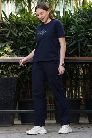 ONE SKY Women’s 100% Cotton Half Sleeve Co-Ord Set | Round Neck Top & Mid Rise Drawstring Bottom | Typography Print | 4 Pockets | Casual Wear | Machine Wash