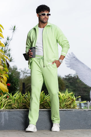 Men's Solid Tracksuit Set | Cotton Blend Mock Collar Zip-Up Jacket & Drawstring Joggers | Mid-Rise Fit | 4 Pockets | Long Sleeves | Casual Athleisure Sportswear