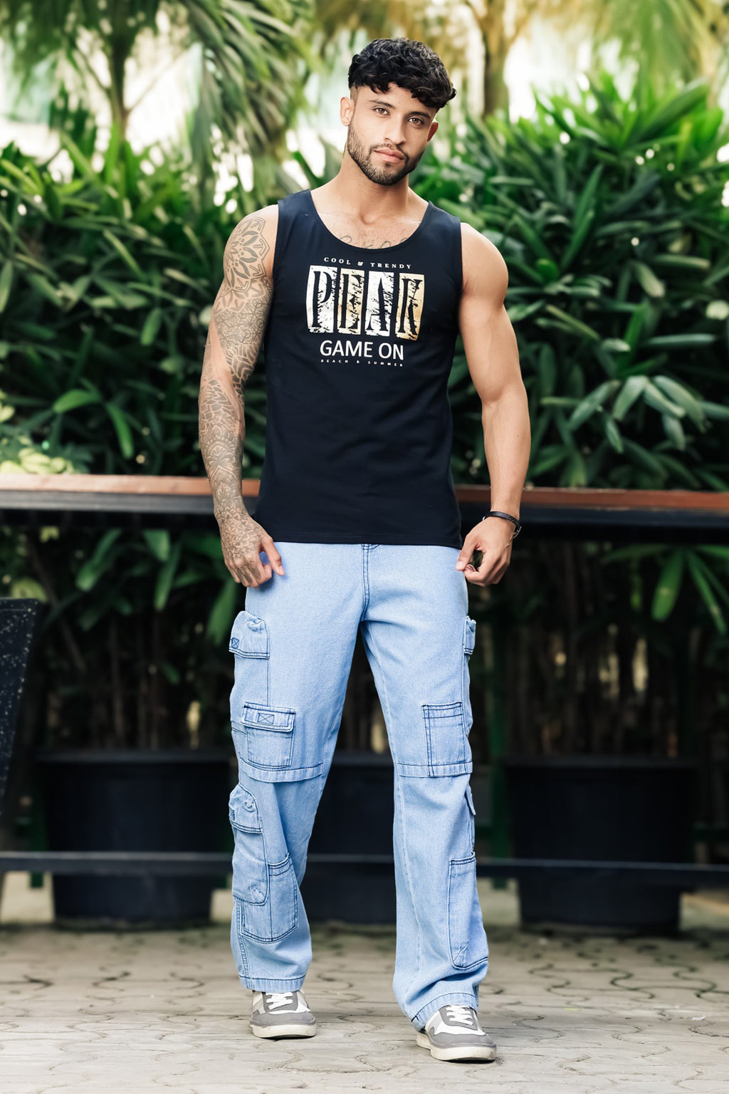 ONE SKY Men’s Cotton Spandex Printed Tank Top | Sleeveless Round Neck Casual Vest | Typography Print | Stretch Fabric | Machine Wash