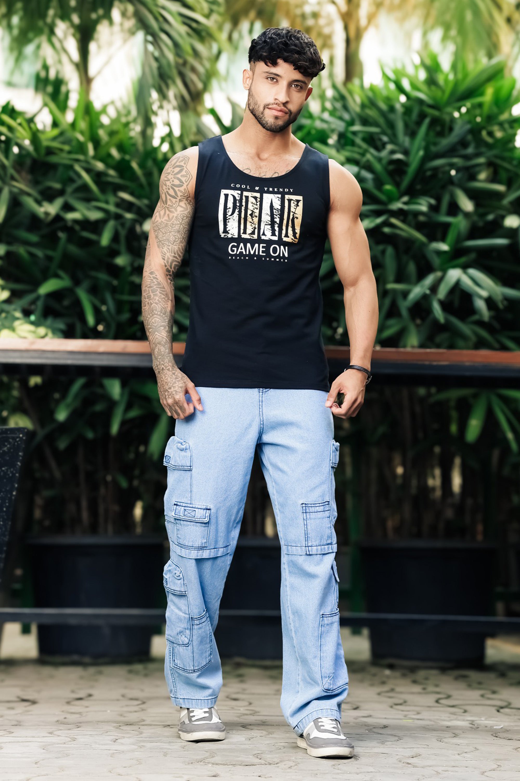 ONE SKY Men’s Cotton Spandex Printed Tank Top | Sleeveless Round Neck Casual Vest | Typography Print | Stretch Fabric | Machine Wash