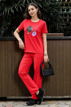 WOMEN ROUND NECK RED HALF SLV  CO-ORD SET