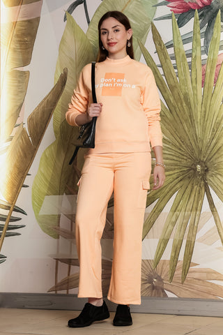 ONE SKY Women's Printed & Typographic High Neck Tracksuit | Cotton Blend Long Sleeve Top & Mid-Rise Slip-On Flat Front Pants | 6 Pockets