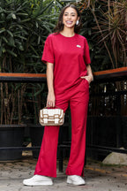 WOMEN ROUND NECK RED HALF SLV  CO-ORD SET