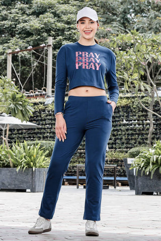 WOMEN ROUND NECK NAVY BLUE FULL SLV  CO-ORD SET