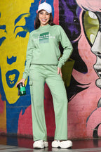 ONE SKY Women's Printed & Typographic High Neck Tracksuit | Cotton Blend Long Sleeve Top & Mid-Rise Slip-On Flat Front Pants | 6 Pockets