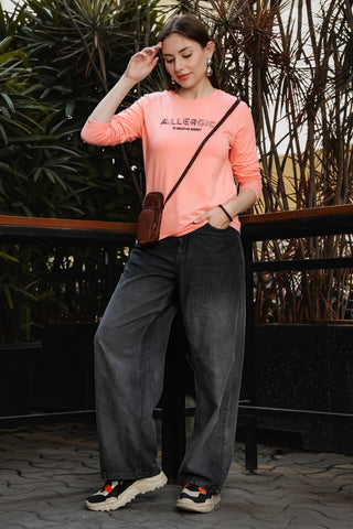 ONE SKY Women's Printed & Typographic Full Sleeve T-Shirt | Cotton Modal Blend Round Neck Top | Soft & Stretchy