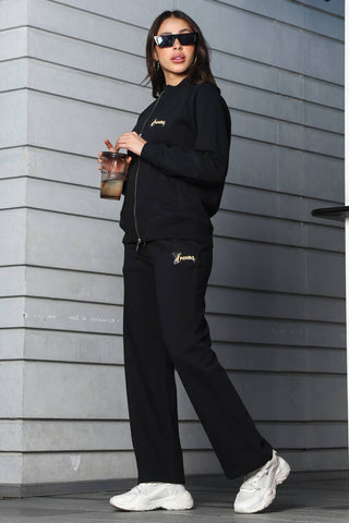 ONE SKY Women's Printed Front Open Tracksuit | Cotton Blend Co-ord Set with Zipper Jacket & Drawstring Pants | Typographic Design & 4 Pockets