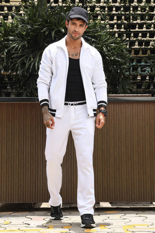 Men's Solid Tracksuit Set | Cotton Blend Mock Collar Zip-Up Jacket & Drawstring Joggers | Mid-Rise Fit | 4 Pockets | Long Sleeves | Casual Athleisure Sportswear