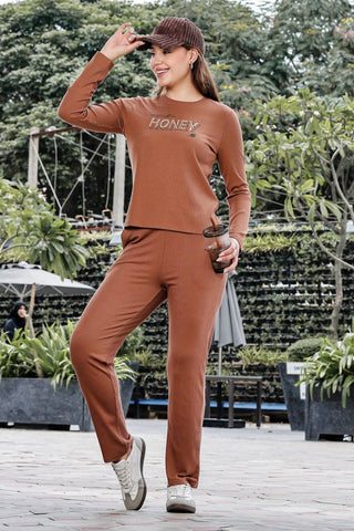 WOMEN ROUND NECK BROWN FULL SLV  CO-ORD SET