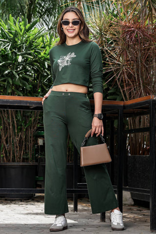 WOMEN ROUND NECK GREEN FULL SLV  CO-ORD SET