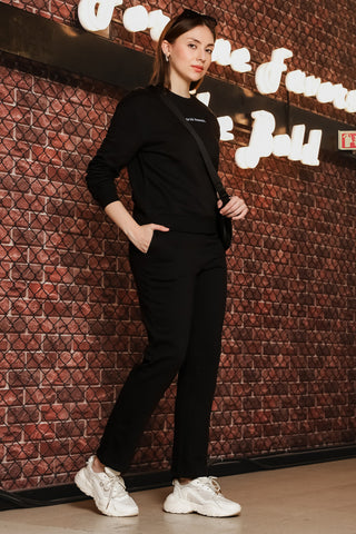 ONE SKY Women's Embroidered Round Neck Tracksuit | Cotton Blend Solid Co-ord Set with Drawstring Top & Slip-On Pants | 2 Pockets | Flat Front