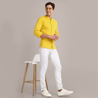 Men Mustard Chinese Collar Formal Shirt