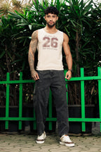 ONE SKY Men’s Cotton Spandex Printed Tank Top | Sleeveless Round Neck Casual Vest | Typography Print | Stretch Fabric | Machine Wash