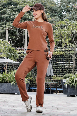 WOMEN ROUND NECK BROWN FULL SLV  CO-ORD SET