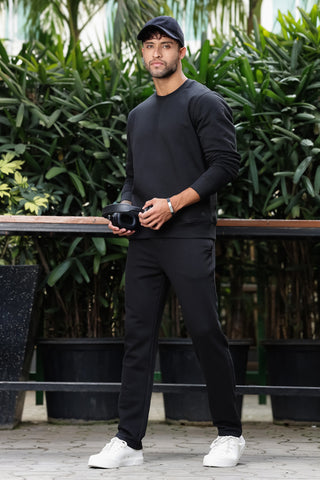 Men’s Solid Tracksuit Set | Round Neck Long Sleeve Top & Slip-On Joggers | Cotton Blend | Mid-Rise Flat Front | 5 Pockets | Casual Athleisure Wear