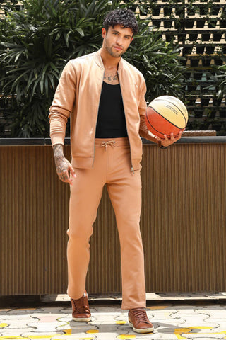 Men’s Solid Tracksuit Set | Stand Collar Zip-Up Jacket & Drawstring Joggers | Cotton Blend | Mid-Rise Flat Front | 4 Pockets | Long Sleeves | Casual Athleisure Wear