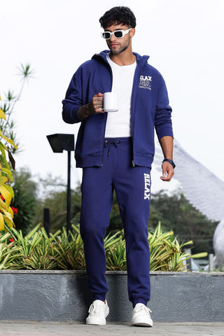 Men's Hooded Tracksuit Set | Typography Print Cotton Blend | Zip-Up Hoodie & Slip-On Joggers | Mid-Rise Fit | Long Sleeves | 4 Pockets | Casual Athleisure Streetwear