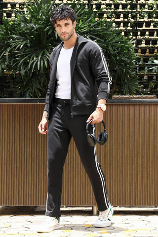 Men's Striped Tracksuit Set | Cotton Blend Activewear with Mock Collar | Zipper Top & Drawstring Bottom | 4 Pockets | Mid-Rise Flat Front Joggers | Casual Gym Sportswear