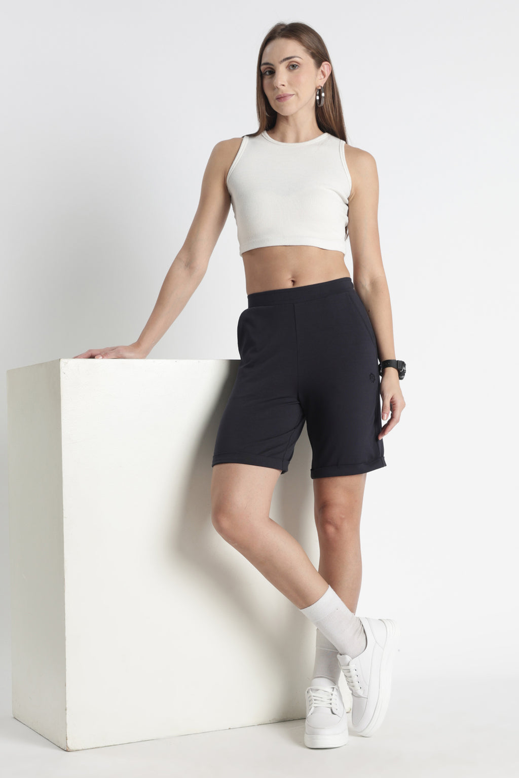 ONE SKY Women’s Cotton Spandex Bermuda Shorts | Mid Rise Casual Slip-On Shorts | 2 Pockets | Solid Color | Machine Wash