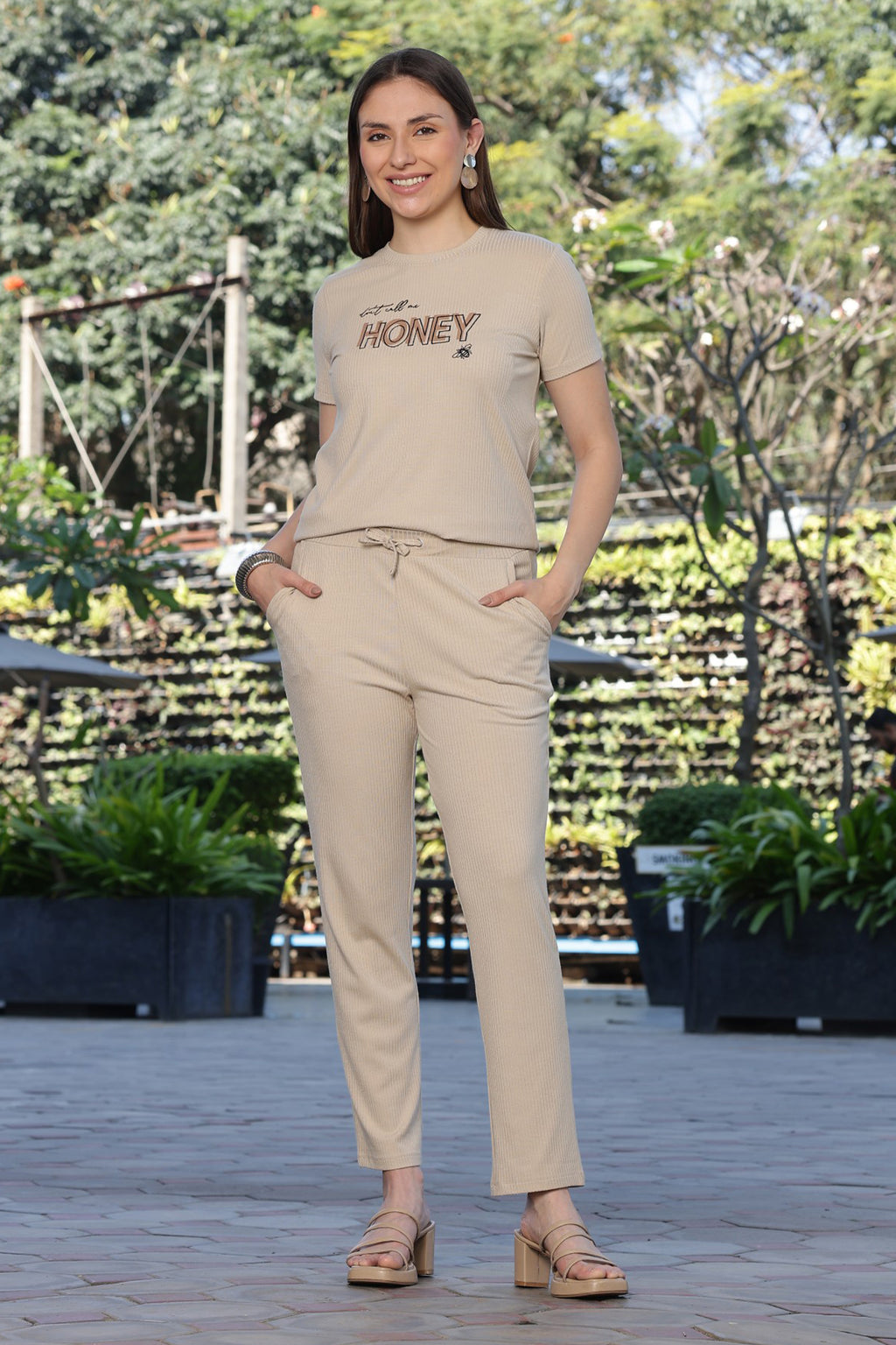 ONE SKY Women’s Half Sleeve Viscose Co-Ord Set | Round Neck Top & Mid Rise Bottom | Embroidered Typography | 2 Pockets | Casual Wear | Machine Wash