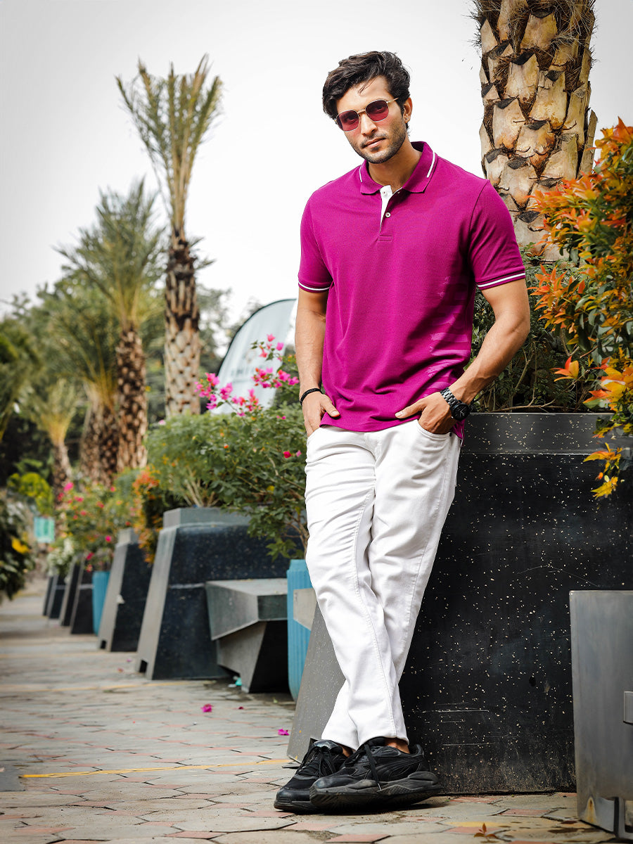 Mens Graphic Print Polo Neck Purple T-Shirt