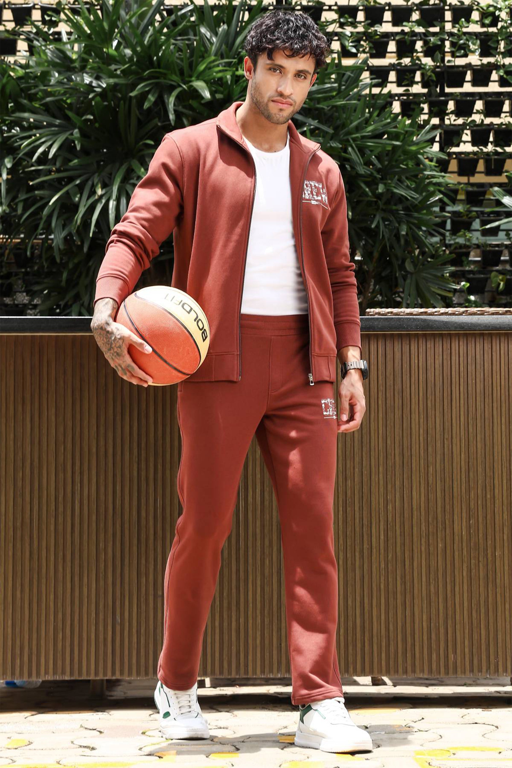 Men's Printed Tracksuit Set | Typography Print Cotton Blend | Mock Collar Zip-Up Top & Slip-On Joggers | Mid-Rise, 4 Pockets | Casual Athleisure Sportswear | Long Sleeves