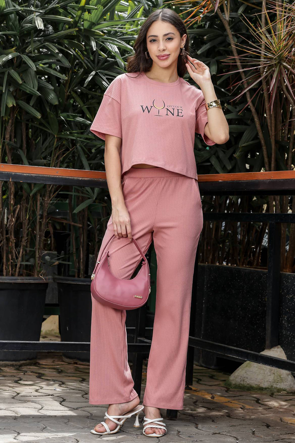 WOMEN ROUND NECK BROWN HALF SLV  CO-ORD SET