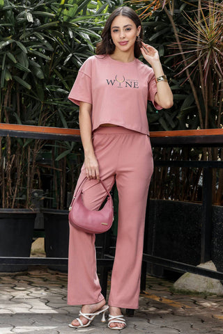 WOMEN ROUND NECK BROWN HALF SLV  CO-ORD SET