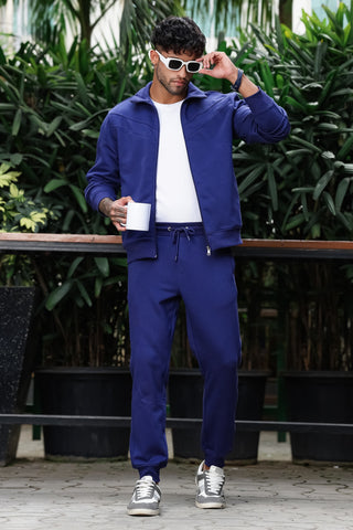 Men’s Solid Tracksuit Set | Cotton Blend Mock Collar Zip-Up Jacket & Slip-On Joggers | Mid-Rise Flat Front | 4 Pockets | Long Sleeves | Casual Athleisure Sportswear