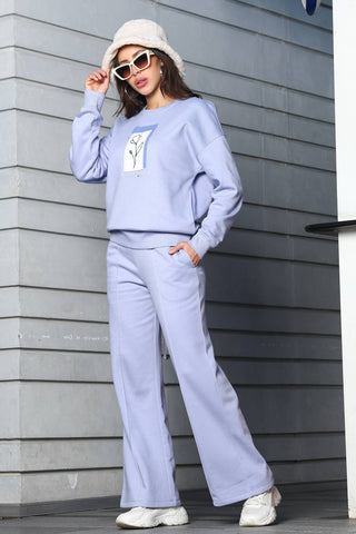 ONE SKY Women's Embroidered & Floral Round Neck Tracksuit | Cotton Blend Long Sleeve Top & Mid-Rise Pleated Slip-On Pants | 4 Pockets