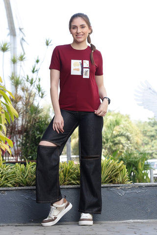 ONE SKY Women’s 95% Cotton 5% Spandex Half Sleeve T-Shirt – Round Neck Graphic Print Top, Casual Pull-On Tee, Machine Washable