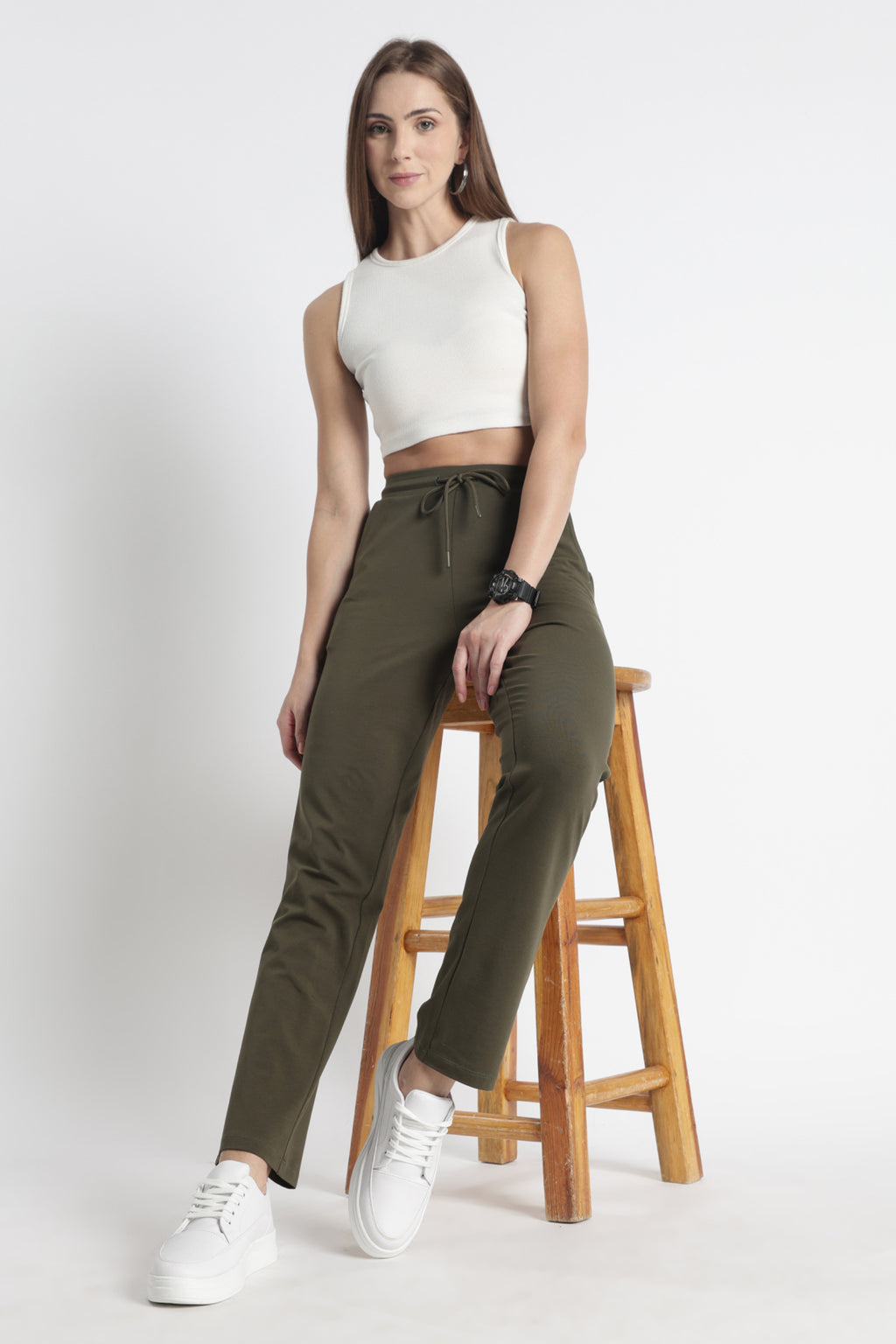 ONE SKY Women’s Cotton Spandex Track Pant – Solid Mid-Rise Drawstring Joggers with 3 Pockets, Casual Loungewear, Flat Front, Machine Washable