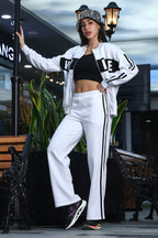 ONE SKY Women's Striped & Typographic Tracksuit | Cotton Blend Co-ord Set with Zipper Mock Collar Jacket & Slip-On Pants | 4 Pockets