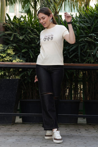 ONE SKY Women’s 100% Cotton Half Sleeve T-Shirt – Round Neck Floral Embroidered Top, Casual Pull-On Tee, Machine Washable