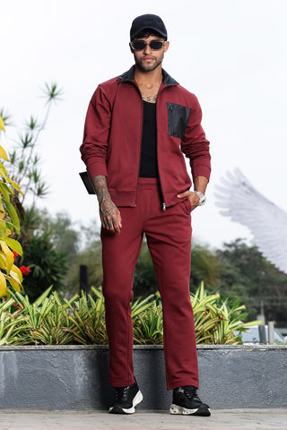 Men’s Solid Tracksuit Set | Mock Collar Zip-Up Jacket with 3 Pockets & Slip-On Joggers | Cotton Blend | Mid-Rise Flat Front | Long Sleeves | Casual Athleisure Wear