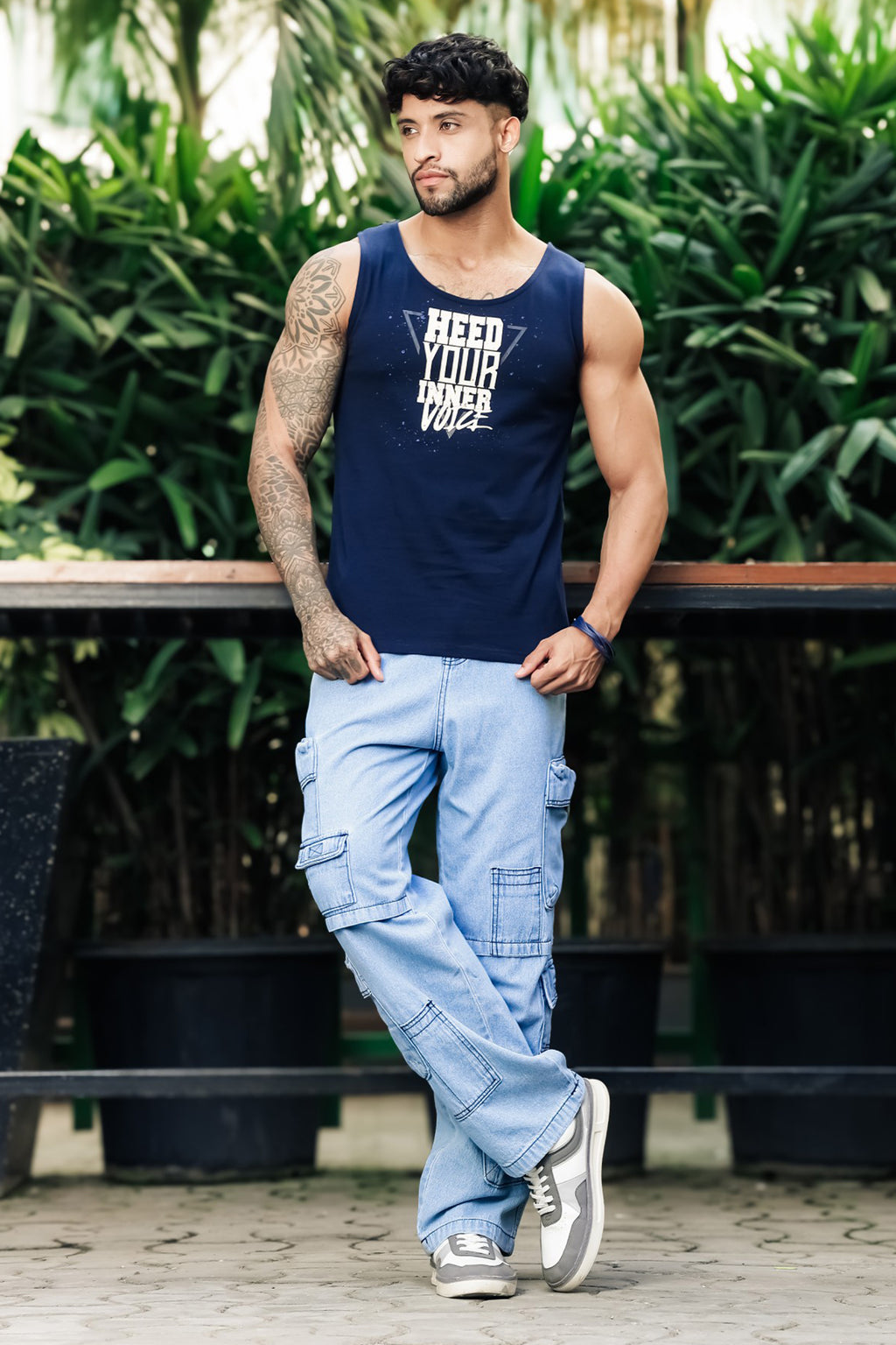ONE SKY Men’s Cotton Printed Tank Top | Sleeveless Round Neck Casual Vest | Typography Print | Machine Wash