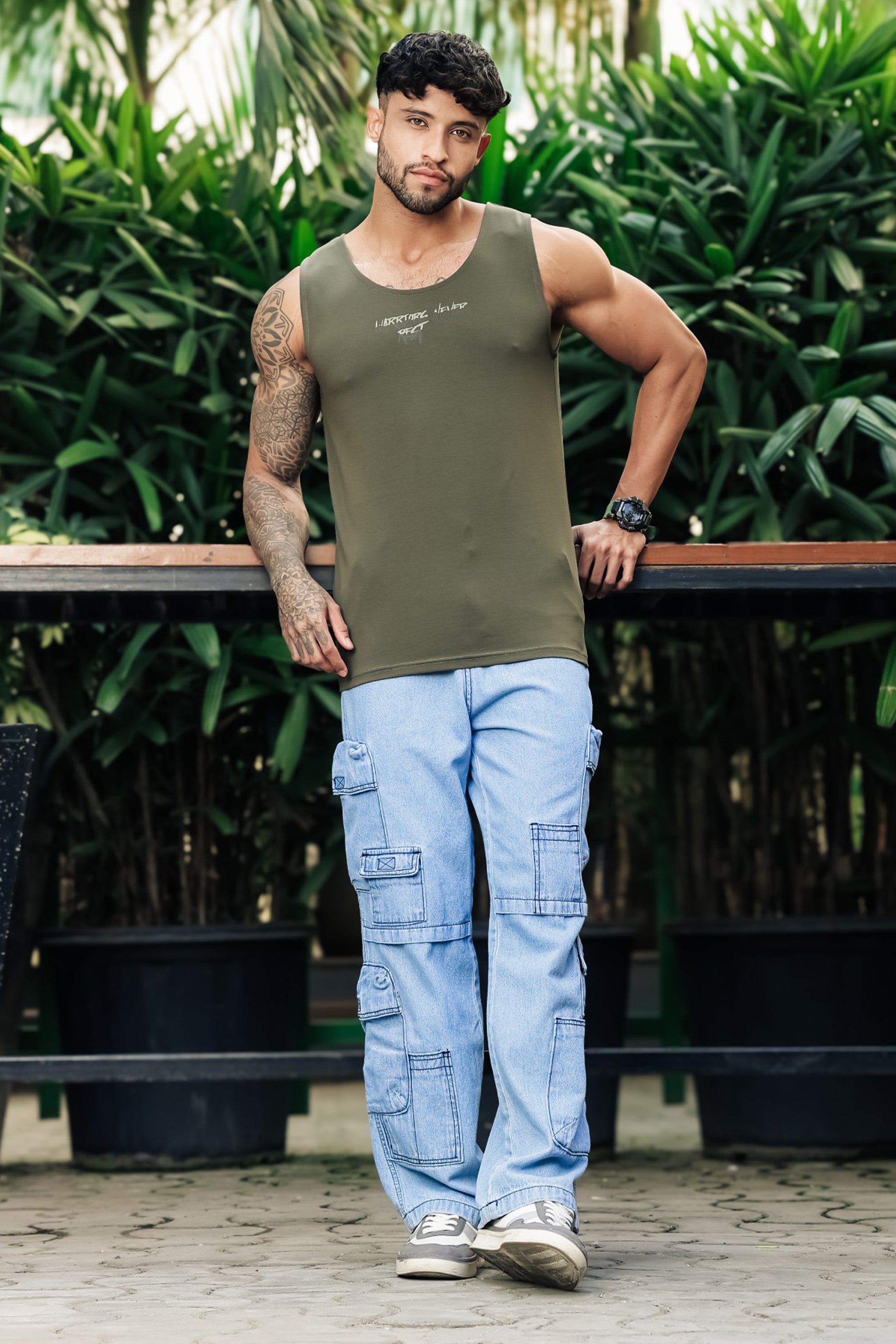 ONE SKY Men’s Cotton Spandex Printed Tank Top | Sleeveless Round Neck Casual Vest | Typography Print | Stretch Fabric | Machine Wash
