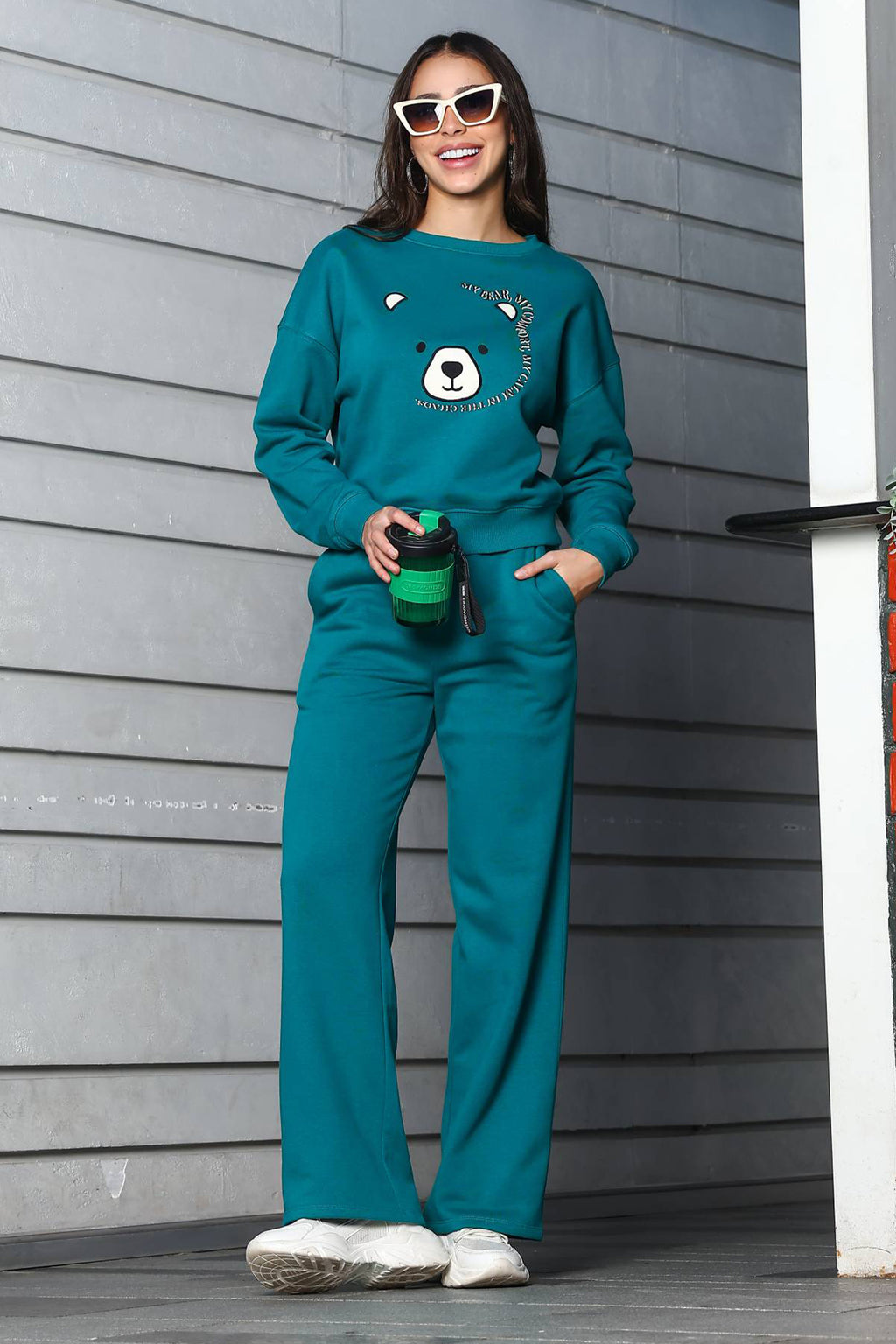 ONE SKY Women's Embroidered & Typographic Round Neck Tracksuit | Cotton Blend Long Sleeve Top & Mid-Rise Drawstring Flat Front Pants | 2 Pockets