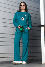 ONE SKY Women's Embroidered & Typographic Round Neck Tracksuit | Cotton Blend Long Sleeve Top & Mid-Rise Drawstring Flat Front Pants | 2 Pockets