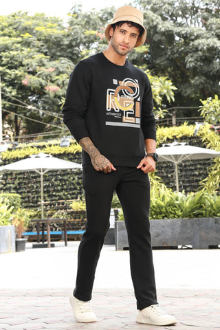 Men’s Typography Printed Tracksuit Set | Round Neck Long Sleeve Top & Drawstring Joggers | Cotton Blend | Mid-Rise Flat Front | 4 Pockets | Casual Athleisure Wear