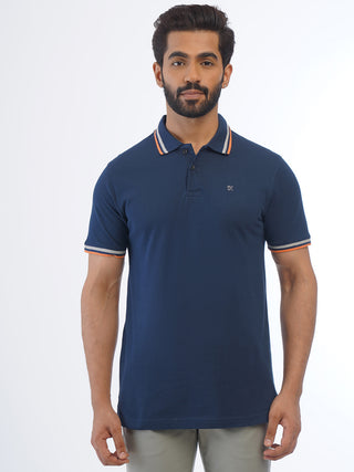 Men Pure Cotton Navy Blue Polo T-Shirt