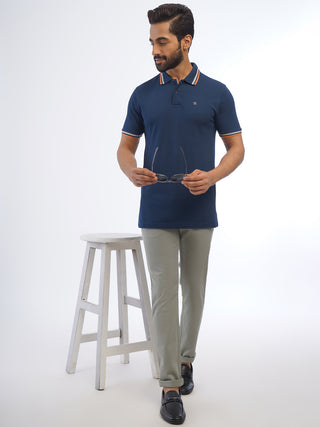 Men Pure Cotton Navy Blue Polo T-Shirt