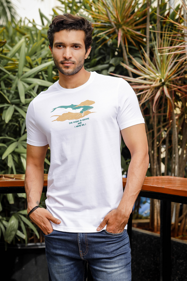 Mens Printed Round Neck White T-Shirt