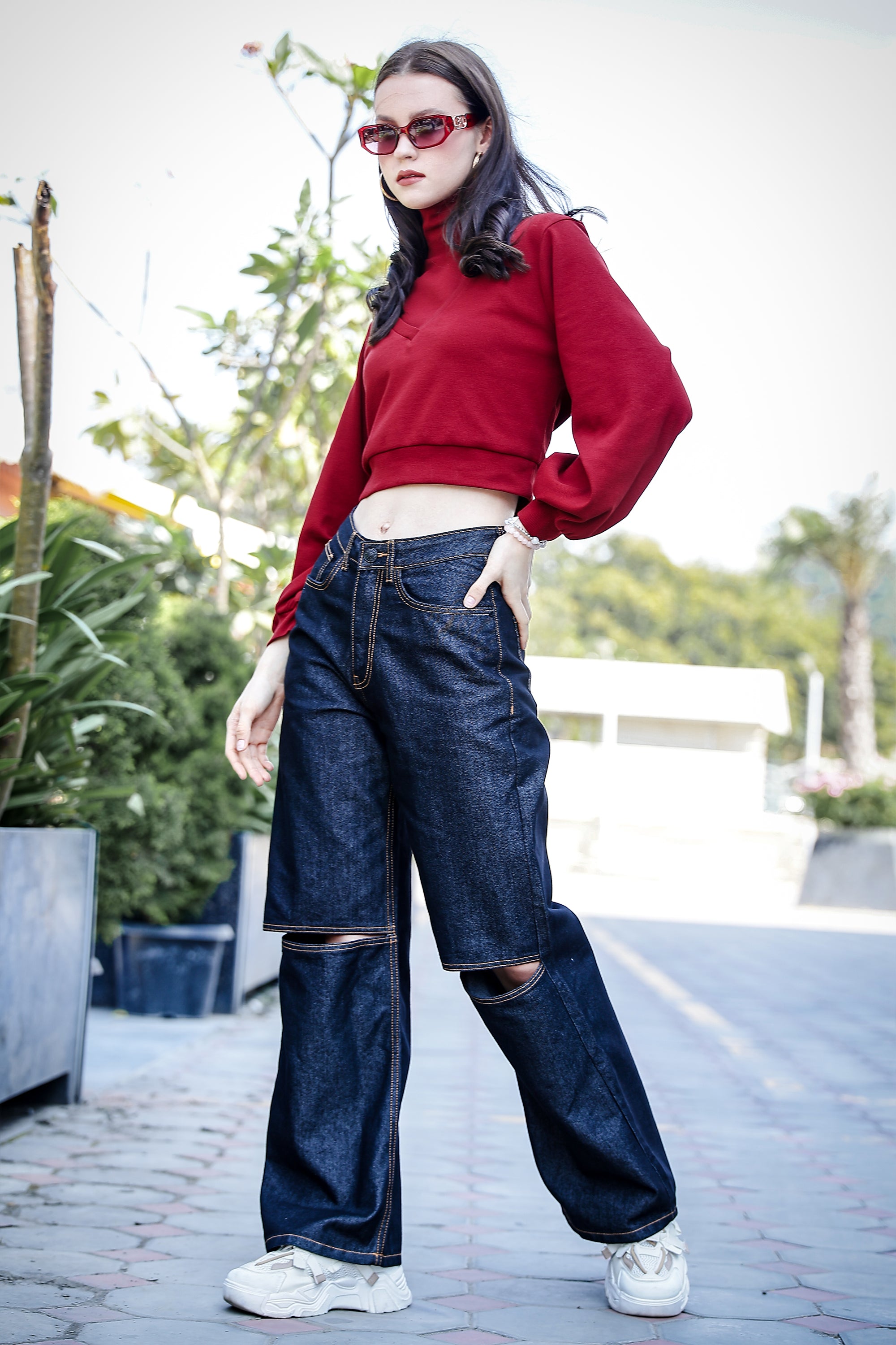 Women's 3-in-1 Versatile Crop Top with High Neck Inner & Full Sleeve Outer
