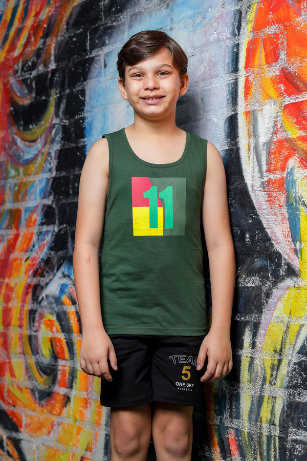 Boys Summer Tank T-Shirt - Cotton Sleeveless Regular Fit Innerwear Tee, Green