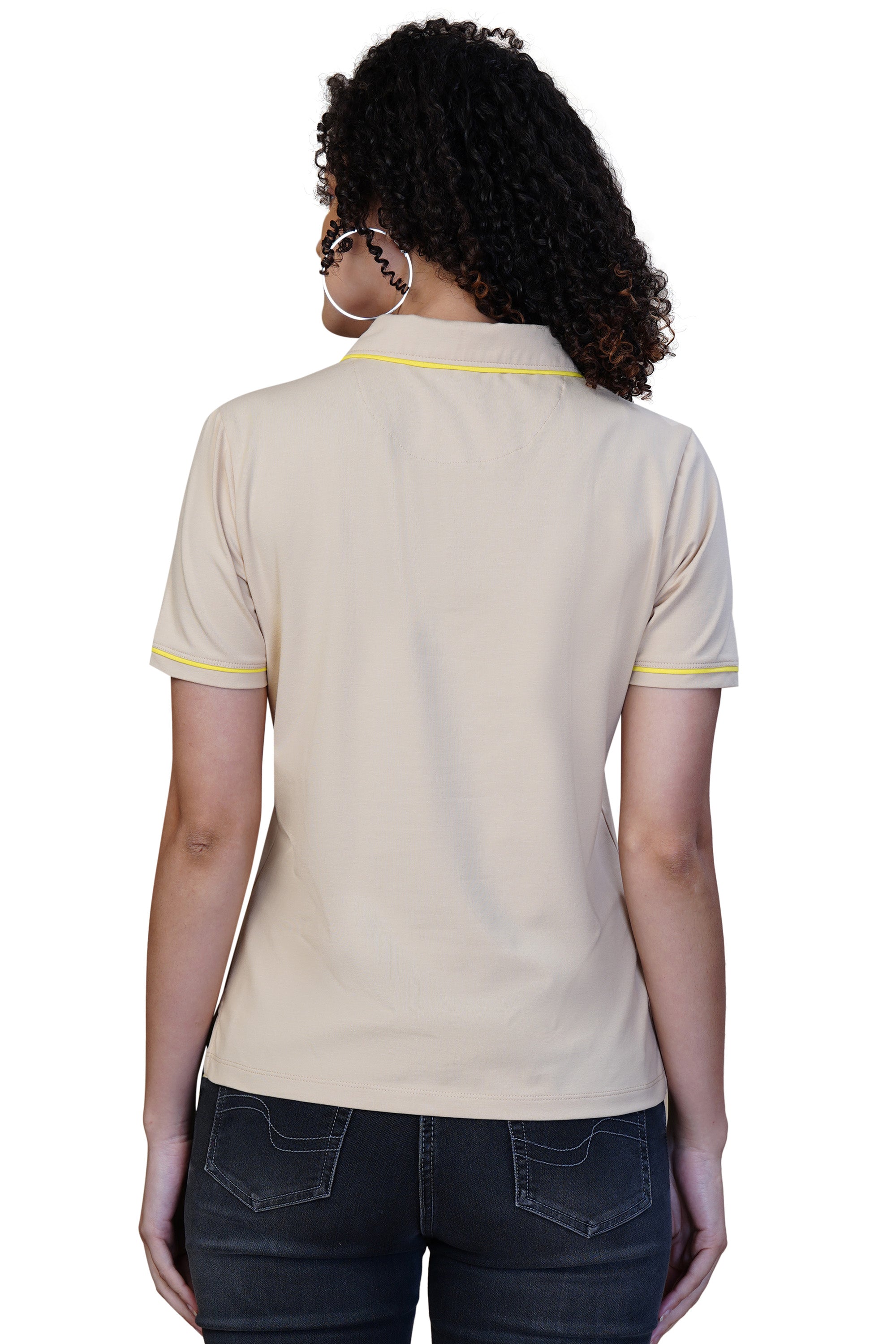 ONE SKY WOMEN BEIGE SOLID POLO T SHIRT