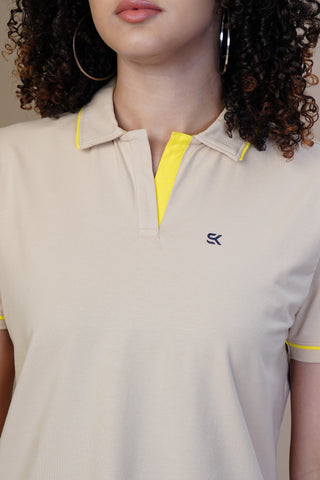 ONE SKY WOMEN BEIGE SOLID POLO T SHIRT